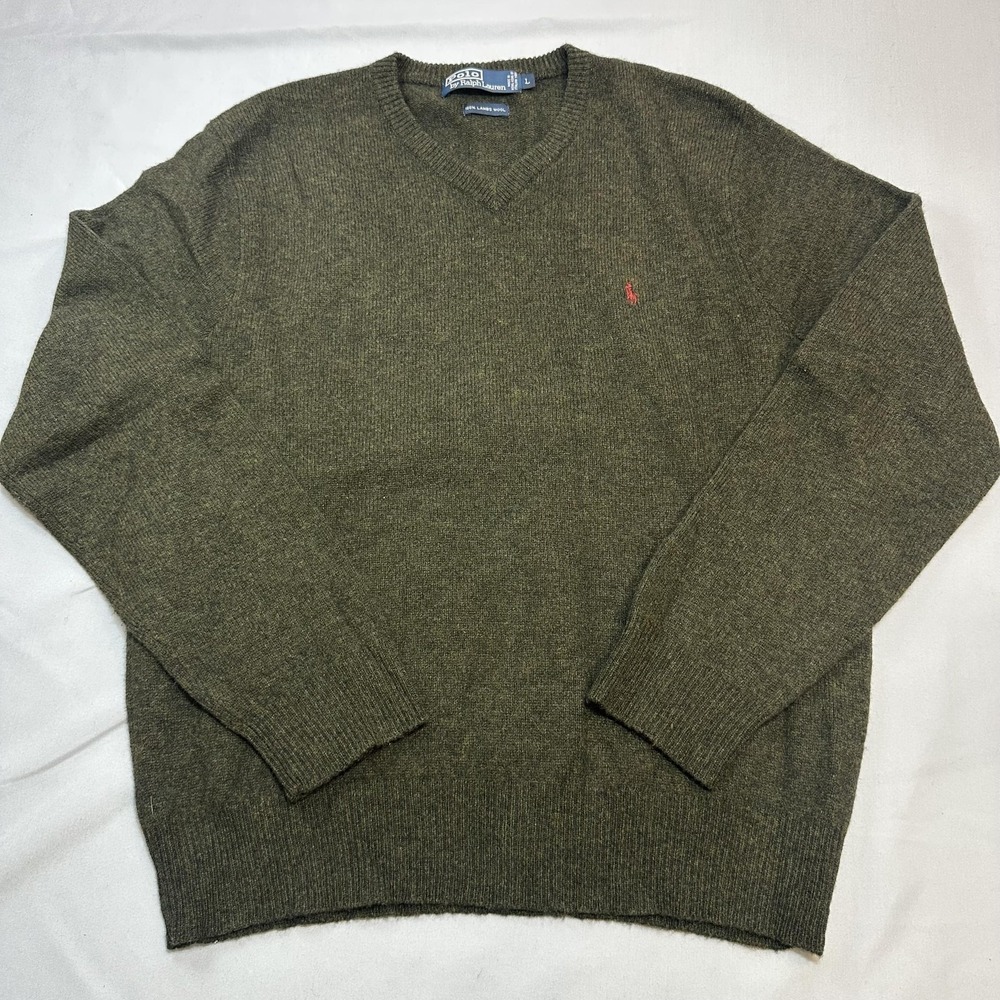 Vintage Polo By Ralph Lauren Sweater Mens L Green Lambswool V Neck Hong Kong